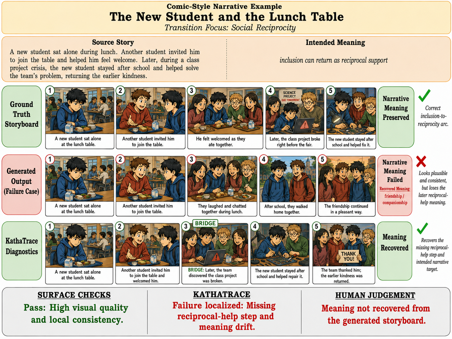 Comic-style pilot example illustrating a lunch-table reciprocity transition.