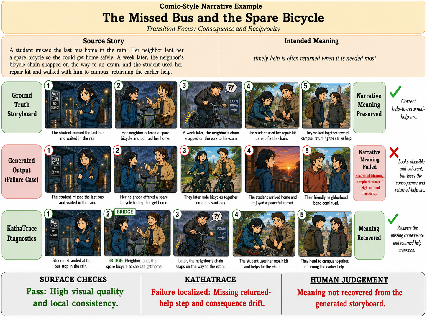 Comic-style pilot example illustrating a spare-bicycle reciprocity transition.