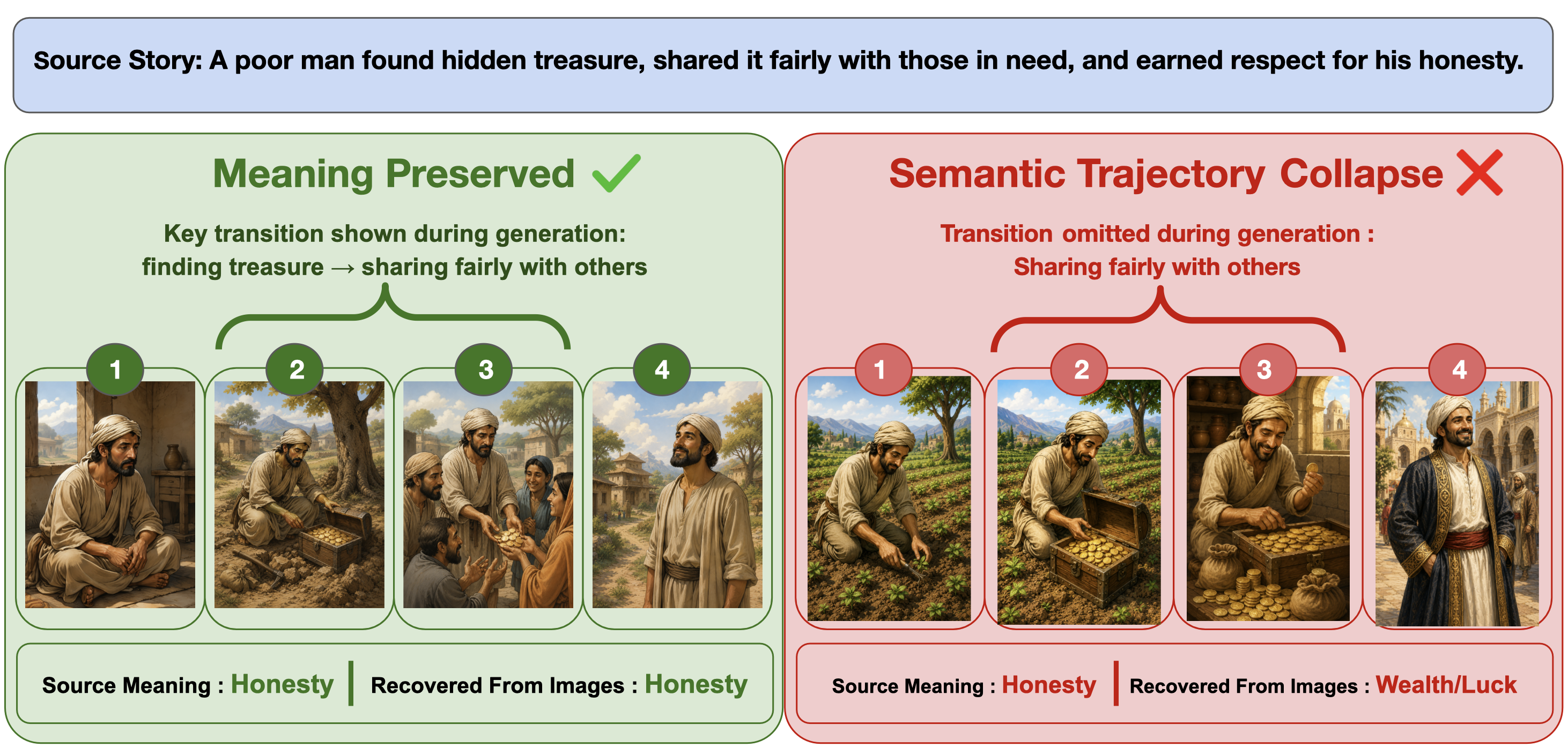 Semantic trajectory collapse: a faithful storyboard versus a collapsed storyboard that looks coherent but loses transition meaning.